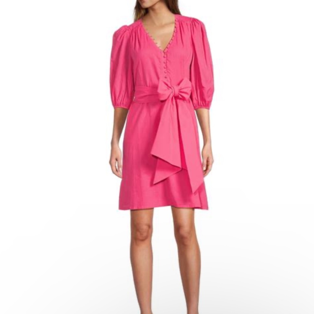 Trina Turk Malina V-Neck Side Pocket Short Puff Sleeve Belted A-Line Dress